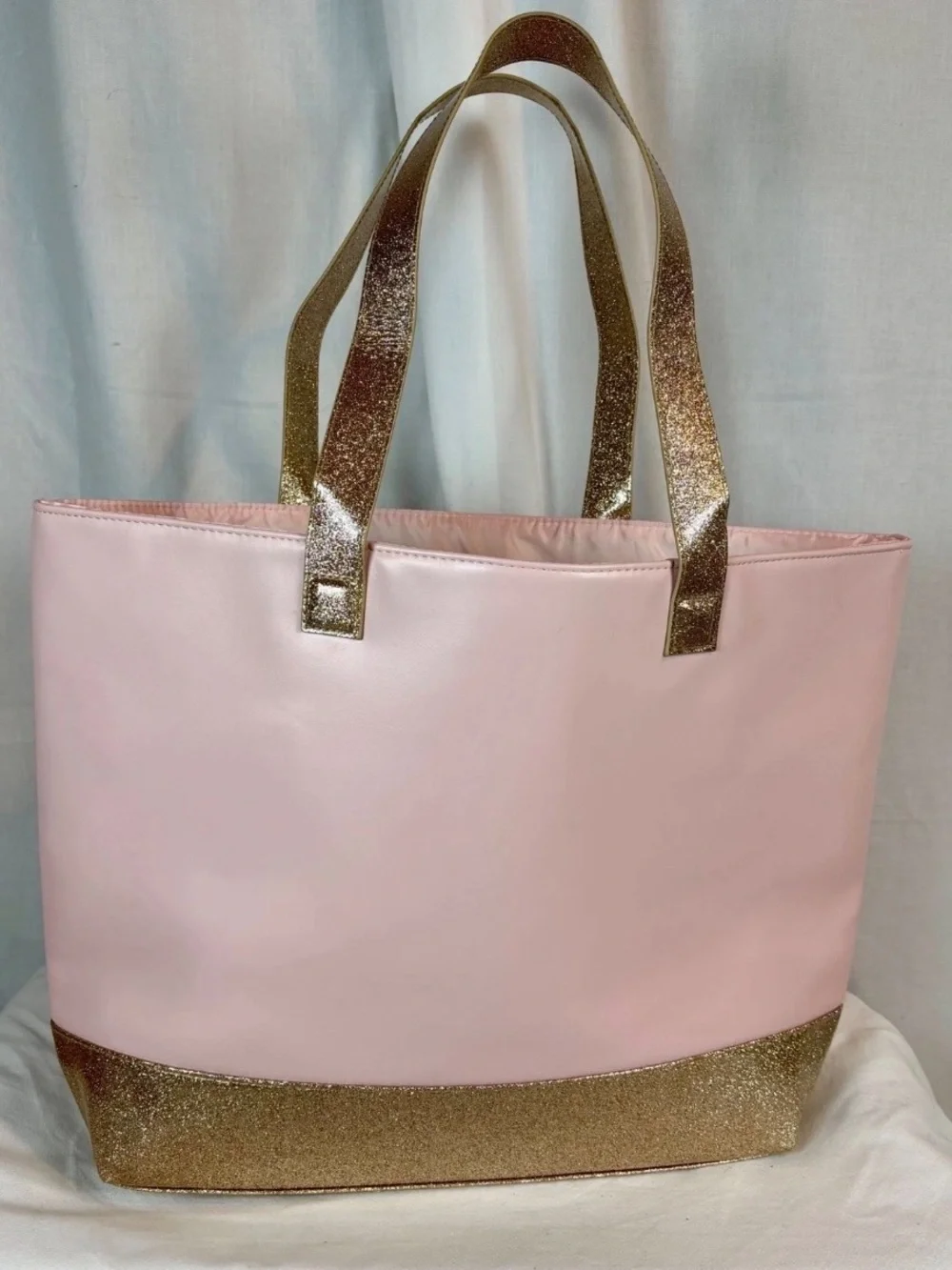 Jimmy Choo Parfum Tote Bag Pink & Gold Glitter Large Shoulder Bag Faux Leather